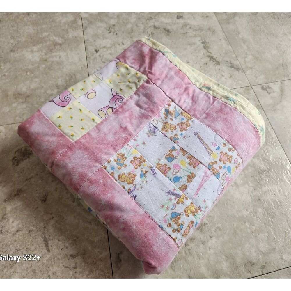 Handmade nine patch baby quilt, blanket, nursery bedding- Pink Blue, and Yellow